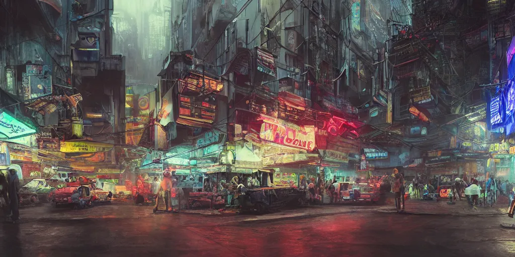 Image similar to a guatemalan cyberpunk city market with neon ads and signs with evocative dramatic mood with blade runner vibe with cars and floating vehicles with motion blur with depth of field with bloom with lightshaft with volumetric lights, fog, by jeremy mann, alberto mielgo, oscar winning graphics, photo realistic, bloom, imax, dynamic lighting, artstation,