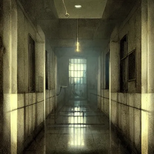 Prompt: hallway of a hospital, horror, creatures, anxiety, by greg rutkowski,