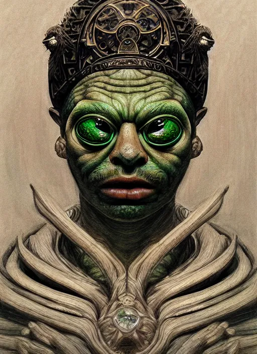 Image similar to 4 chan pepe, ancient sumerian god kek, sad, portrait, intricate, elegant, highly detailed, digital painting, artstation, concept art, wallpaper, smooth, sharp focus, illustration, art by h. r. giger and artgerm and greg rutkowski and alphonse mucha