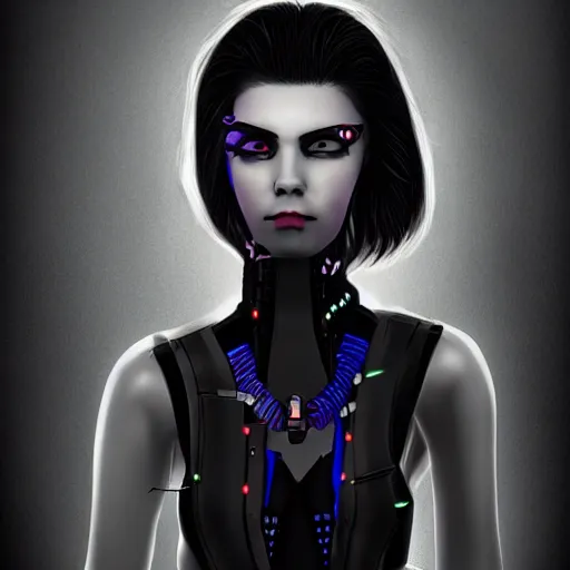Image similar to a digital artwork of woman wearing technological large steel collar, choker on neck, dark cyberpunk art style, 4K, portrait, punk hairstyle,
