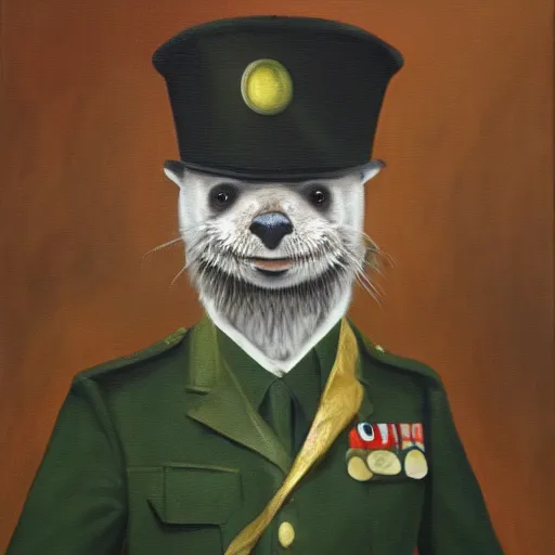 Image similar to oil painting of an anthropomorphic otter in military uniform