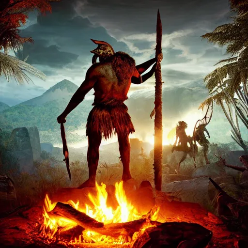 Prompt: spartan high on peyote at jungle campfire below full moon in the style of far cry primal and game of thrones, warm lighting, 8 k