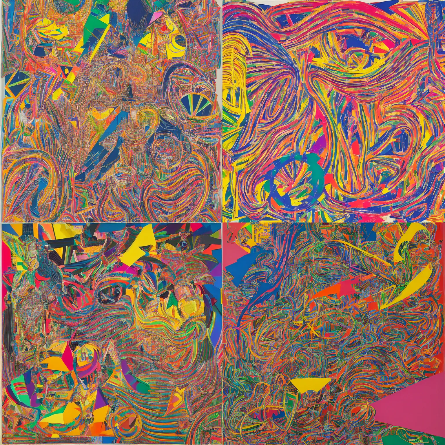 Image similar to people and animals, colorful generative art, neon, contemporary, integral painting, by Frank Stella, by William Weege, by Eduardo Paolozzi