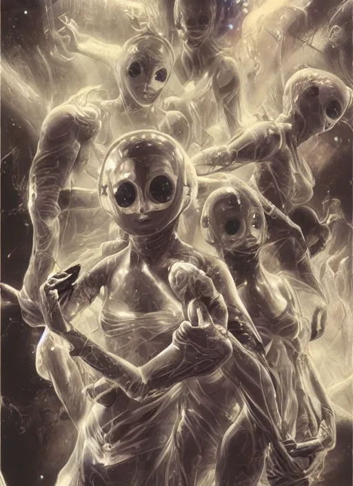 Image similar to astronauts girls in dark void underwater - complex and hyperdetailed technical suit design. reflection and dispersion materials. rays and dispersion of light. volumetric light. f / 3 2. noise film photo. flash photography. ultra realistic, 5 0 mm. poster by wayne barlowe, hajime sorayama aaron horkey, craig mullins