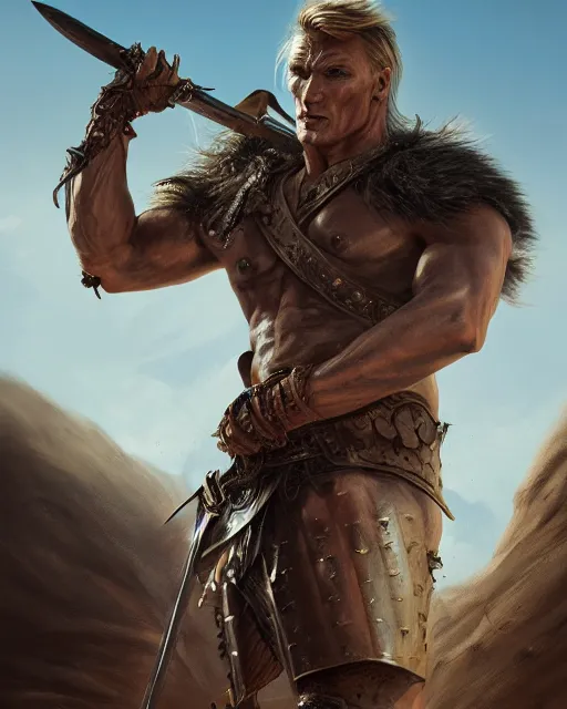 Prompt: dolph lundgren posing in a a desert with conan armor and a sword, beautiful eyes, realistic face, full body, fantasy art, in the style of greg rutkowski, illustration, epic, fantasy, intricate, hyper detailed, artstation, concept art, smooth, sharp focus, ray tracing, vibrant
