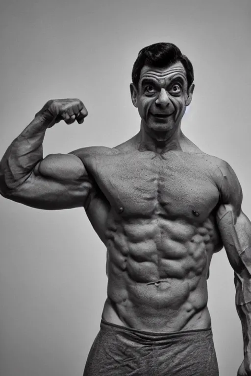 Image similar to Mr Bean is a jacked muscle builder gigachad, grayscale photography