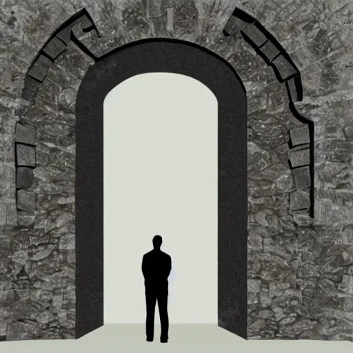 Image similar to man standing in a completely dark room in front of huge stone door slightly open and light is shining through, digital art