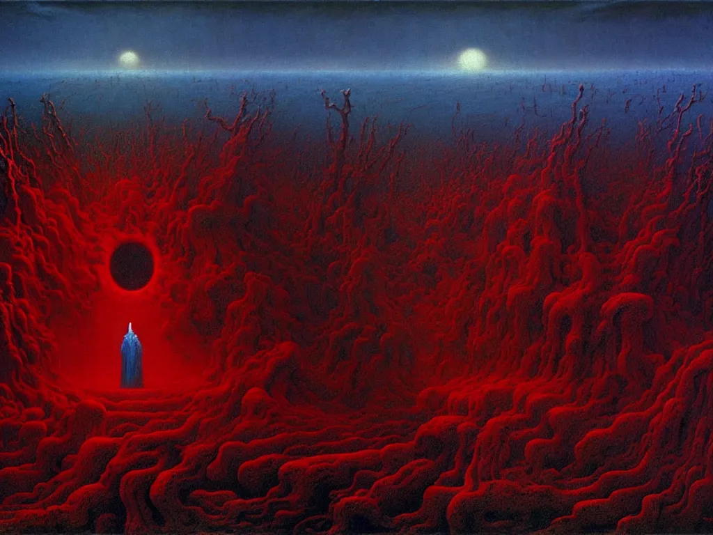 Prompt: an epic landscape painting of a nightmarish hellscape full of cosmic horrors, by zdzisław beksinski and greg rutkowski, horror, surreal, dark, vivid, red, blue, oil on canvas, epic, dramatic, cinematic