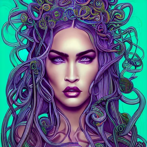 Prompt: an extremely psychedelic portrait of megan fox as medusa, surreal, lsd, face, detailed, intricate, elegant, lithe, highly detailed, digital oth, sharp focus, illustration,