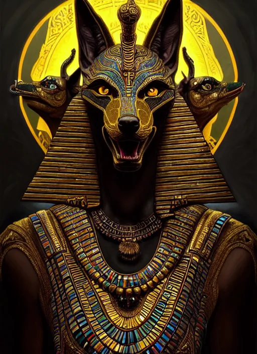 Prompt: angry god anubis, growling jackal with egyptian headdress and nemes, ornate art nouveau scarabs, black and gold palette, symmetry, fantasy, intricate, elegant, highly detailed, colorful, dark colors, dramatic shadow, digital painting, artstation, concept art, art by artgerm and greg rutkowski and ruan jia,