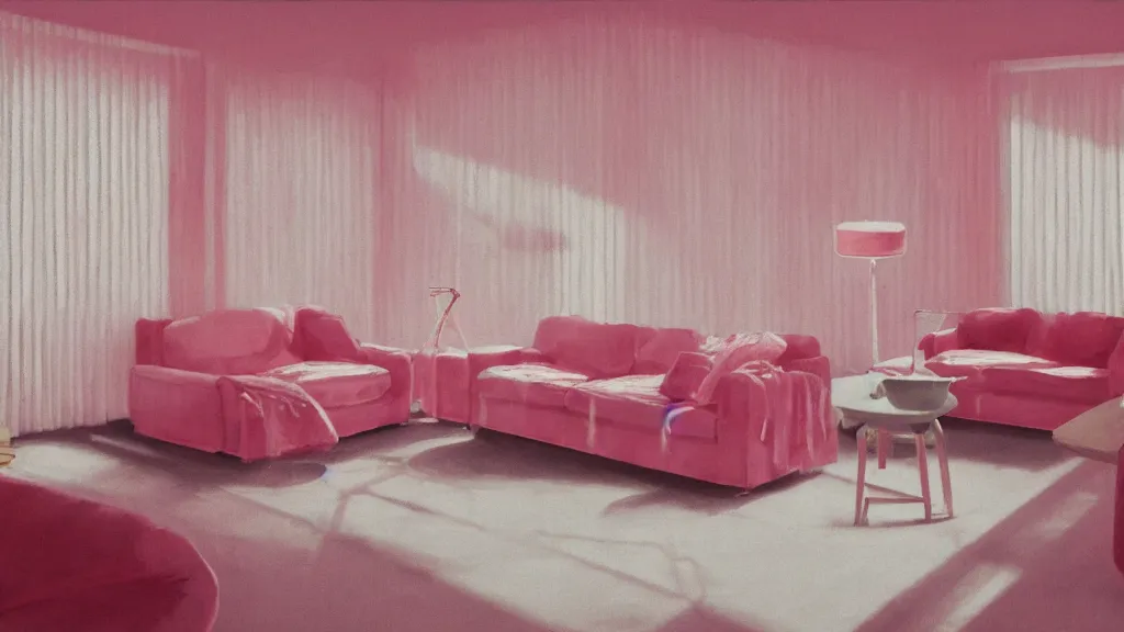 Prompt: pizza party on vintage pink velour sofa, white walls, daytime, soft light through blinds, particles, by herbert james harper, detailed, volumetric lighting, concept art, cinematic, 3 5 mm lens, 4 k