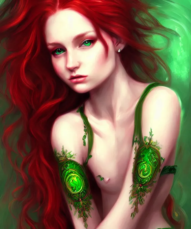 Image similar to Fae teenage girl, portrait, face, long red hair, green highlights, fantasy, intricate, elegant, highly detailed, digital painting, concept art, smooth, sharp focus