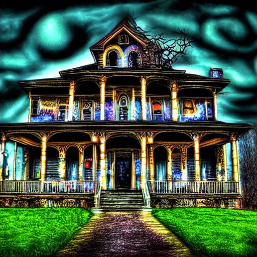 Image similar to Haunted House in the style of Alex Grey Cosm HDR