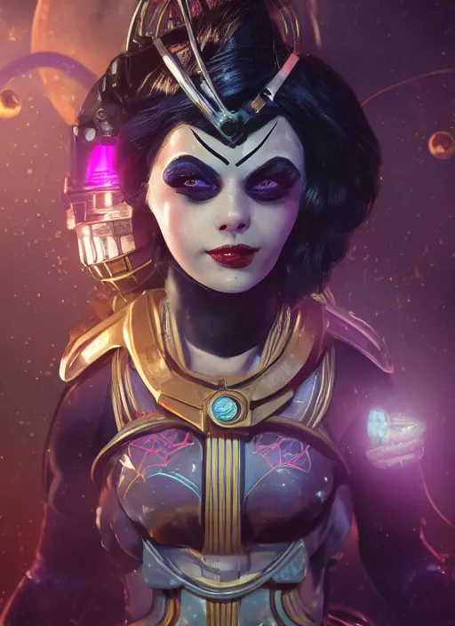 Image similar to cosmic divine bioshock batgirl portrait, hyper detailed, digital art, trending in artstation, cinematic lighting, studio quality, smooth render, unreal engine 5 rendered, octane rendered, art style by klimt and nixeu and ian sprigger and wlop and krenz cushart.