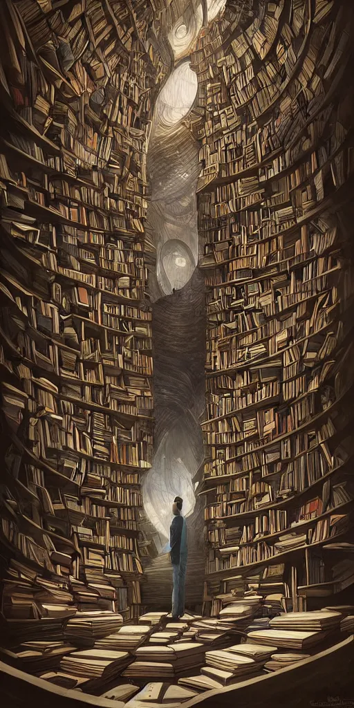 Prompt: a man standing in front of a surreal spiral book shelf filled with books, a storybook illustration by james paick, cgsociety, fantasy art, lovecraftian, academic art, mystical