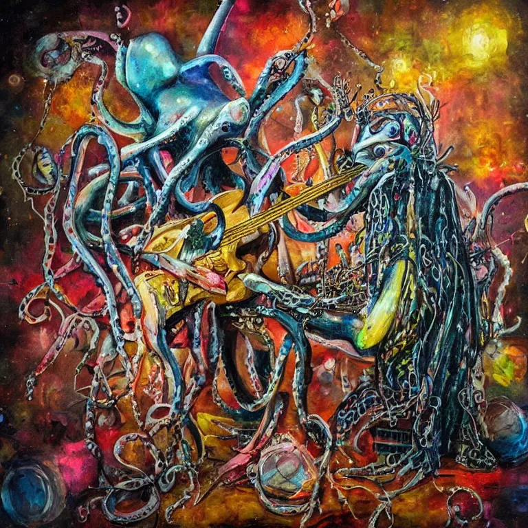 Image similar to a beautiful painting by bordalo ii of an octopus playing drums and telecaster guitar in an electronic concert, dark background, concert light, dark mood, warm lights