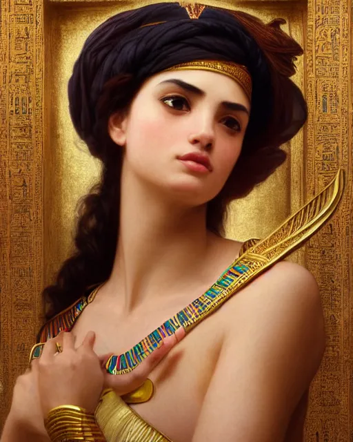 Image similar to Jessica Kahawaty as a beautiful egyptian princess, gorgeous, portrait, powerful, intricate, beautiful, masterpiece, elegant, volumetric lighting, digital painting, highly detailed, artstation, sharp focus, illustration, William-Adolphe Bouguereau, Hajime sorayama, ruan jia