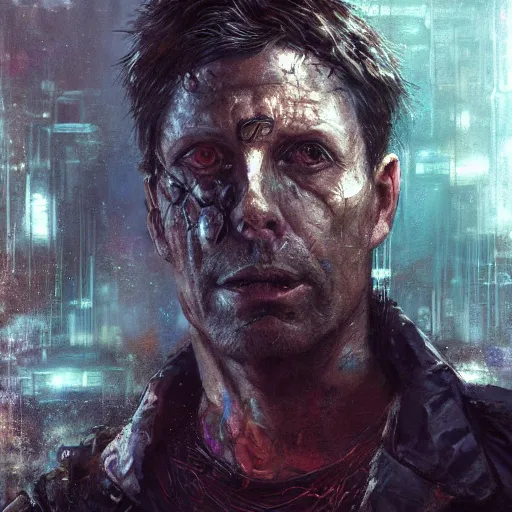 Image similar to armitage, neuromancer, aged shaggy ex military soldier, cyberpunk, painted by seb mckinnon, high detail, dramatic light, digital art, painted by greg rutkowski, promotional movie posterart, trending on artstation