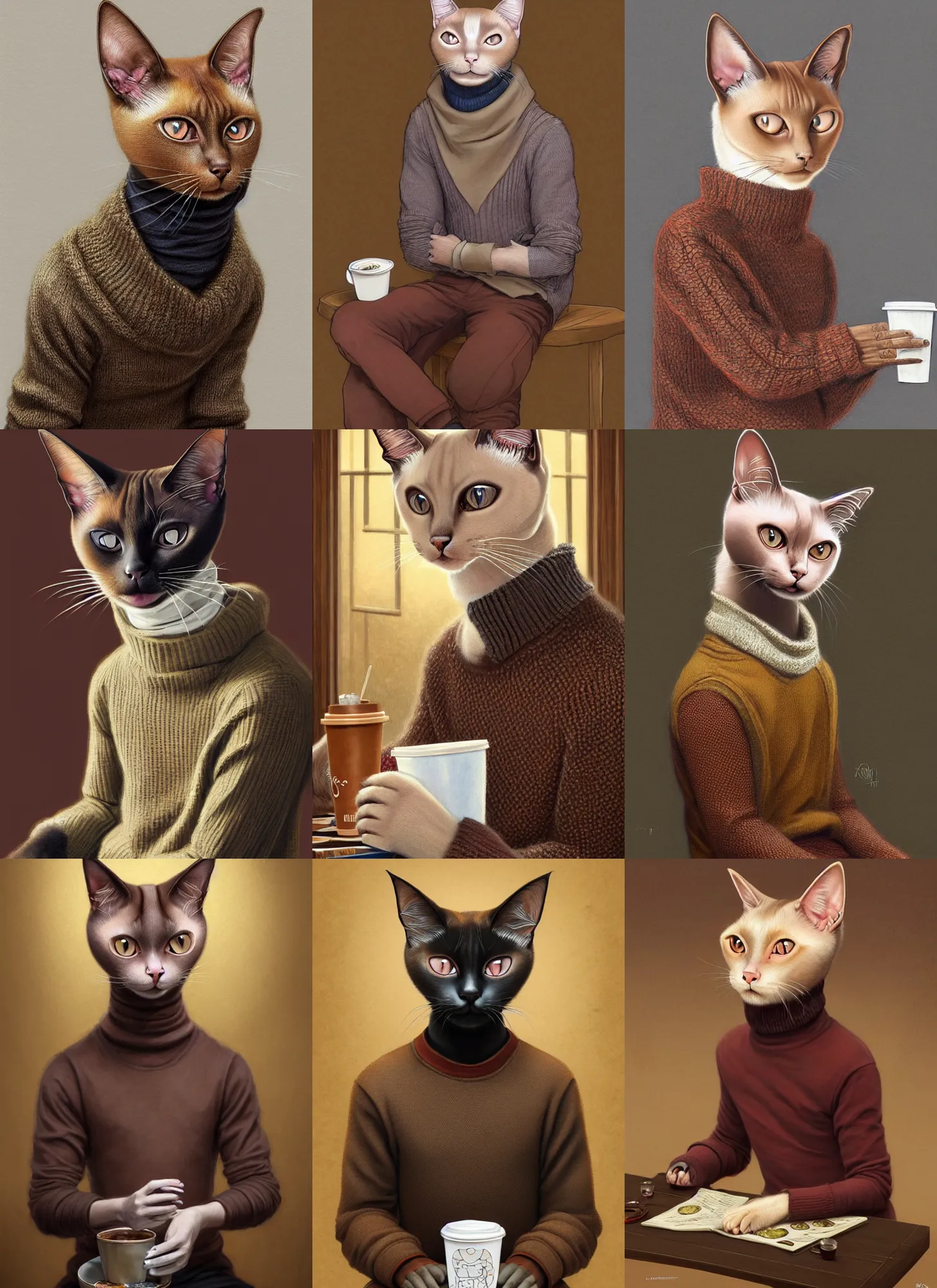 Prompt: full body photograph of a male anthropomorphic siamese cat fursona wearing a sweater sitting in a starbucks, deep focus, intricate, elegant, highly detailed, digital painting, artstation, concept art, matte, sharp focus, illustration, d & d, fantasy, hearthstone, art by artgerm and greg rutkowski and alphonse mucha