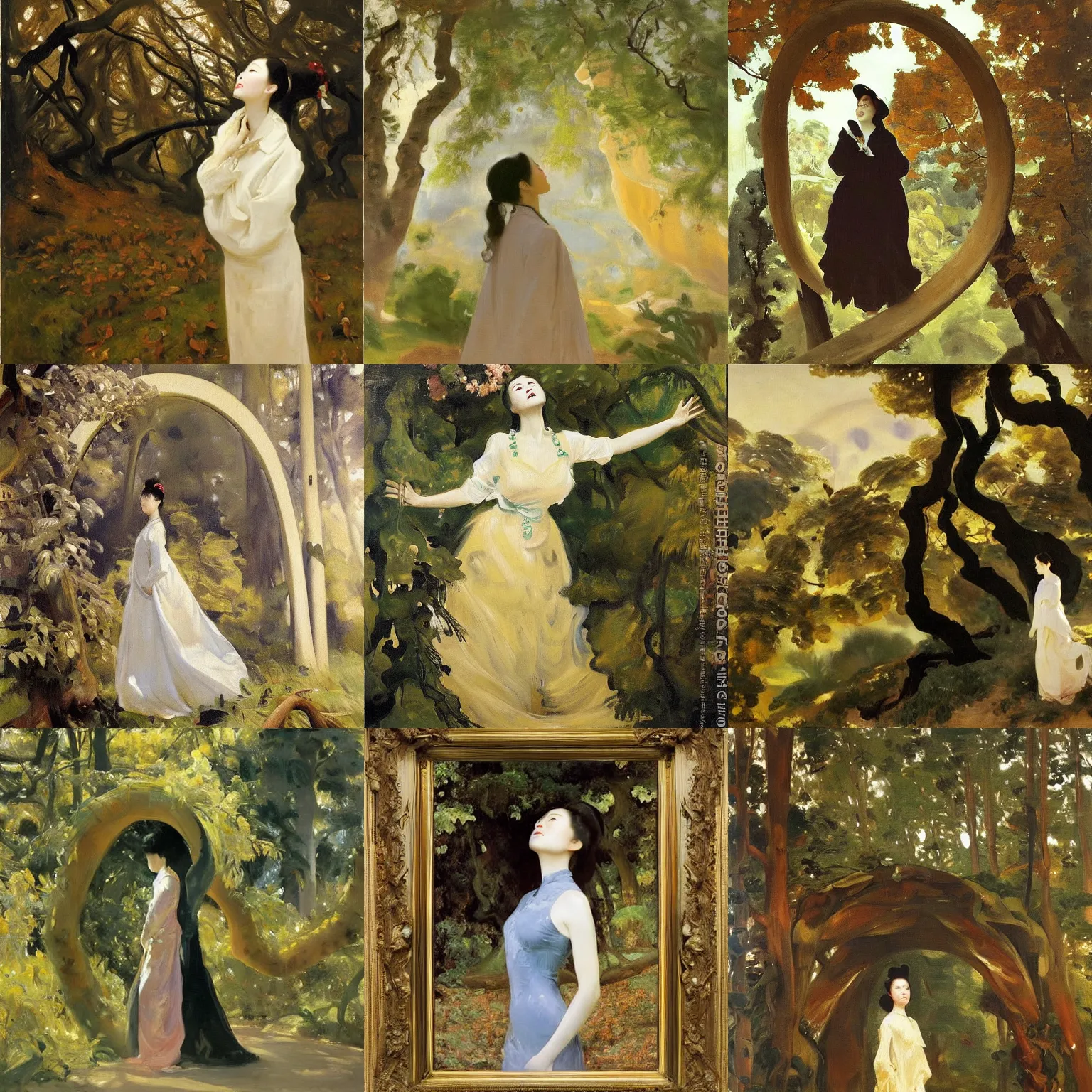 Prompt: A surreal oil on canvas painting, by John Singer Sargent, depicting a beautiful Korean woman looking up at a massive arch, made of leaves, in a cloudy forest.