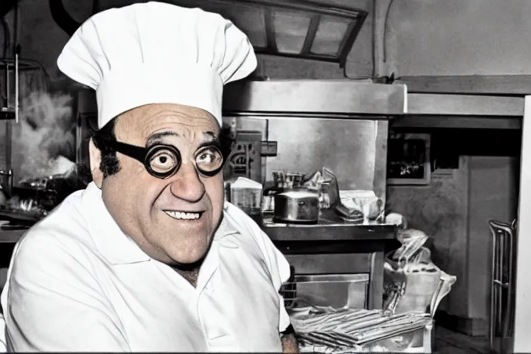 Image similar to Danny Devito as a fry cook at the Krusty Krab