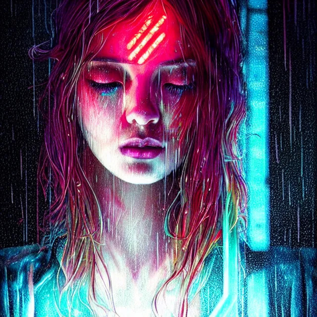 Image similar to bright aesthetic portrait LSD glowing backlit rain on face and wet hair, cyberpunk, overhead lighting, fantasy, intricate, elegant, dramatic lighting, highly detailed, lifelike, photorealistic, digital painting, artstation, illustration, concept art, smooth, sharp focus, art by John Collier and Albert Aublet and Krenz Cushart and Artem Demura and Alphonse Mucha