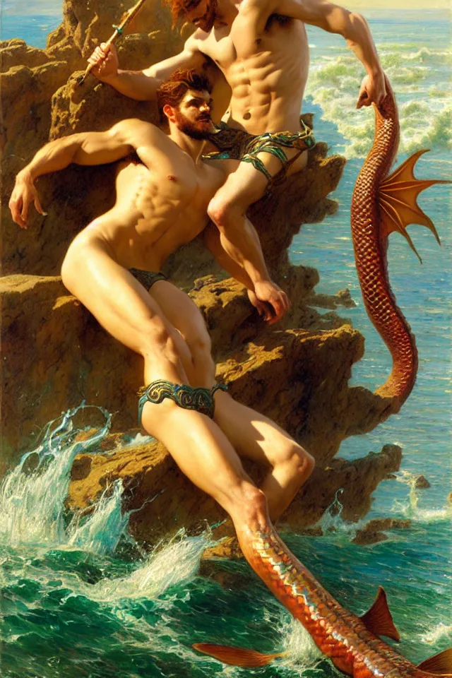 Prompt: attractive male mermaid, surrounding by a sea dragon, highly detailed painting by gaston bussiere, craig mullins, j. c. leyendecker, 8 k