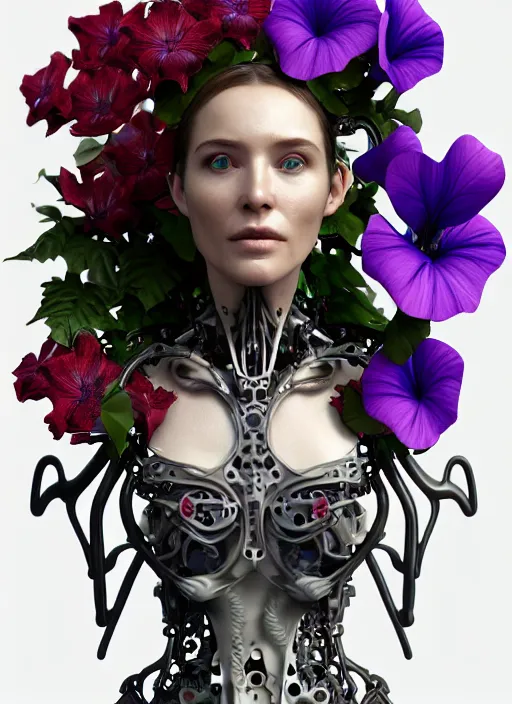 Image similar to bw 3 d model, biomechanical female cyborg with porcelain profile face and a big floral eye, big leaves foliage and stems, morning glory flowers, hibiscus flowers, boho floral vines, sinuous fine roots, fine filigree foliage lace, alexander mcqueen, rim light, art nouveau fashion pearl embroidered, steampunk, redshift render, artstation, 8 k