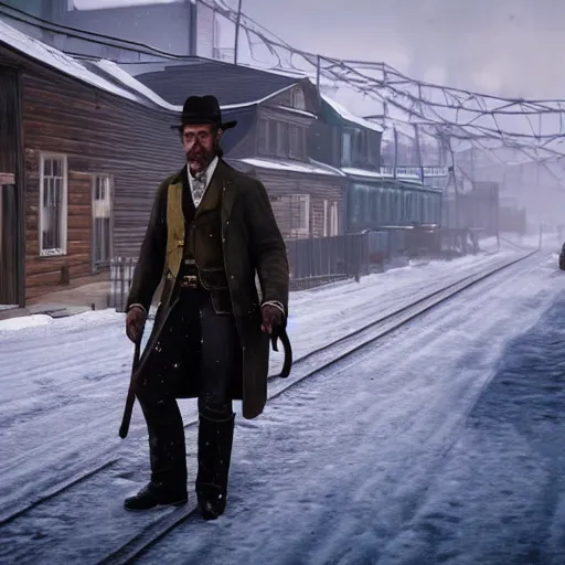 Image similar to arthur from rdr 2 in russia reality nowadays at tolyatti sportivnaia street, cars, snow, buildings photorealism