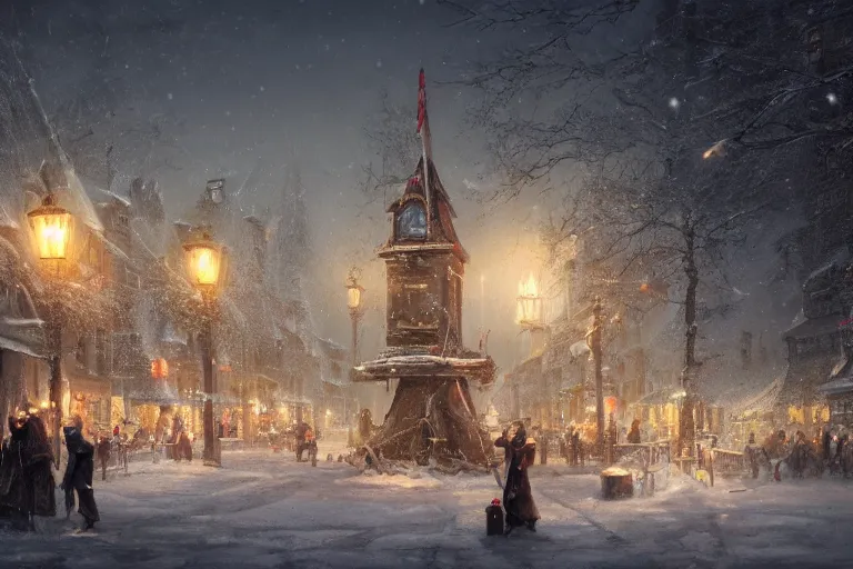 Image similar to a guillotine with christmas lights in the center of town, s matte painting, long shot, concept art, wide shot, digital art, trending on artstation, 4 k, extremely detailed, realistic, snowing, by greg rutkowski, cinematic, epic