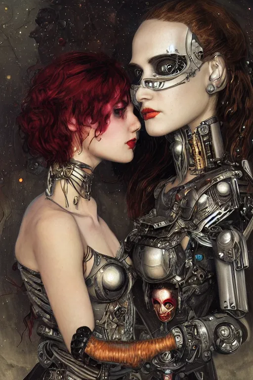 Image similar to portrait of two beautiful young gothic cyborg maidens, cyberpunk, Warhammer, kiss, highly detailed, artstation, illustration, art by Gustav Klimt