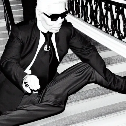 Prompt: Karl Lagerfeld falling down the stairs