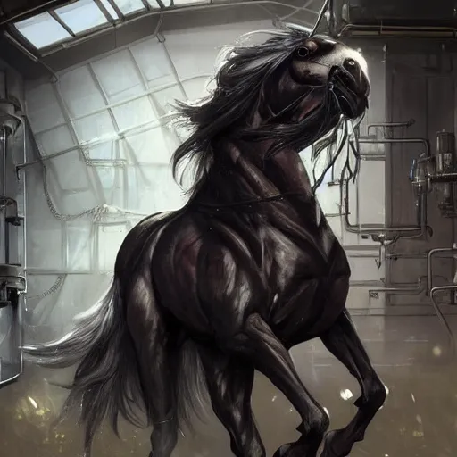 Image similar to splash art of a hyper - muscular black - coated anthropomorphic horse character in a research facility wearing a combat kevlar outfit, long hair, highly detailed, furry, furaffinity, digital painting, artstation, sharp focus, illustration, art by artgerm, greg rutkowski, alphonse mucha