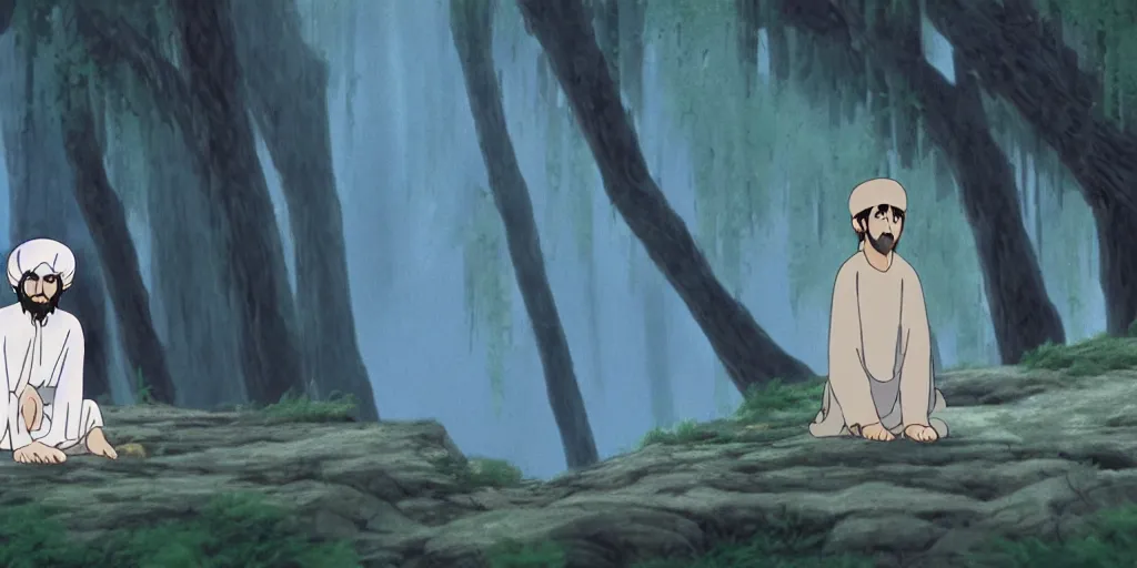 Prompt: a cell - shaded cartoon movie still from princess mononoke ( 1 9 9 7 ) of a middle eastern imam kneeling in prayer. an elegant angel flies above him. very dull muted colors, hd, 4 k, hq