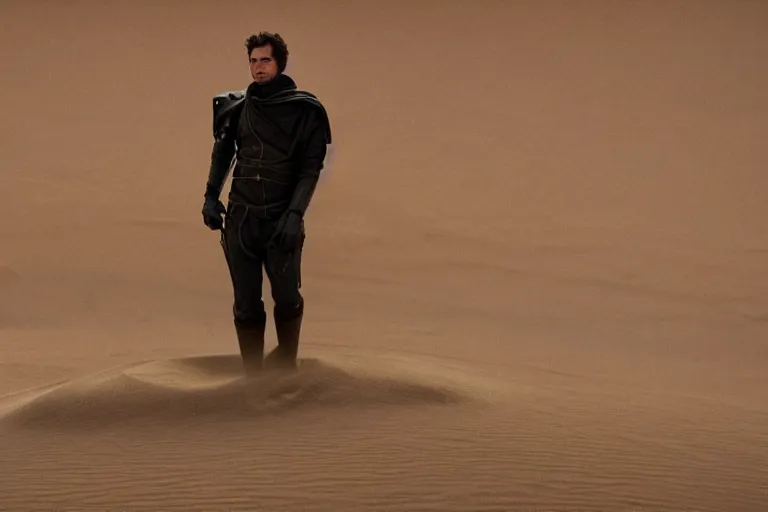 Image similar to a cinematic wide angle shot of a man in his early twenties, in the 2 0 2 1 movie dune, the sand is in the form of a wave, stormy weather, dry, film still, cinematic, dramatic lighting, by zack snyder