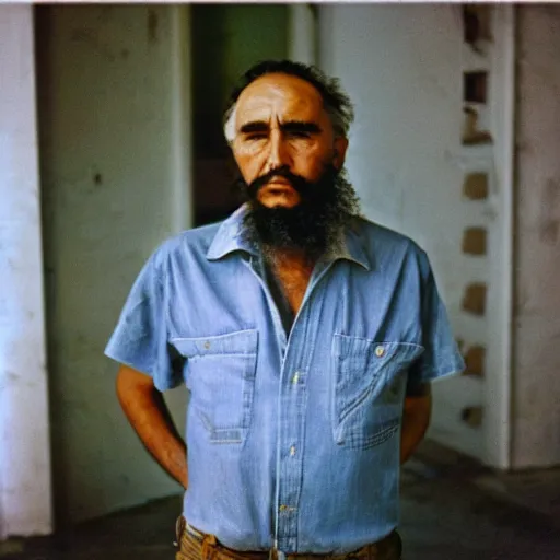 Image similar to fidel castro wearing denim shorts, full body portrait, 3 5 mm film, by nan goldin