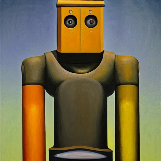 Image similar to brutalist robot with kind eyes portrait, lowbrow, pj crook, grant wood, edward hopper, oil on canvas