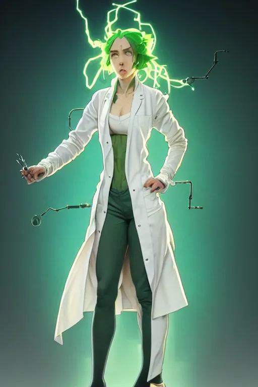 Image similar to a full body character design by artgerm, cushart krenz, greg rutkowski and alphonse mucha. mad scientist woman lab coat!! green plasma cyborg body!! symmetrical gear background, face sharp edges. ultra clear detailed. 8 k. ultra detailed, elegant, intricate, octane render.