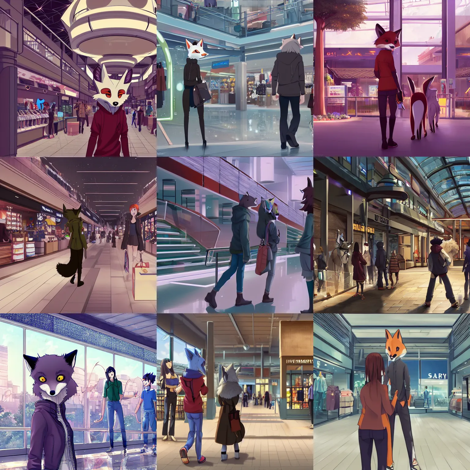 Prompt: an anthropomorphic furry fox shopping at a futuristic mall, photorealistic, anime, makoto shinkai, james gurney, hibbary, dark natasha, goldenwolf, furaffinity