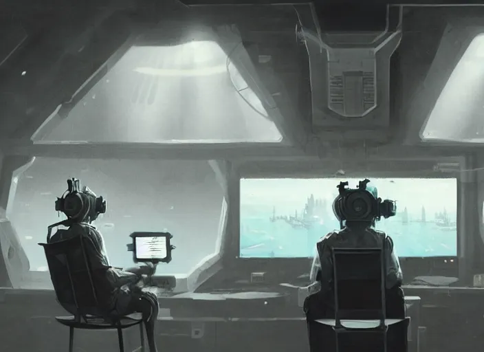 Prompt: a man sitting on a chair with things attached to his head, screens and monitors in front of him playing videos, ship interior, narrow hallway, scifi, dramatic lighting, dark, spotlight, concept art, surreal, by rutkowski, fuji choko