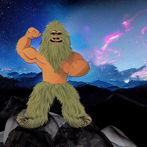 Prompt: muscular yeti on top of a mountain with a galaxy in the sky