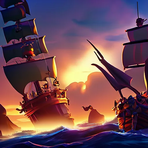 Image similar to sea of thieves scene with a hedgehog on a pirate ship, digital art, epic lighting, game screenshot