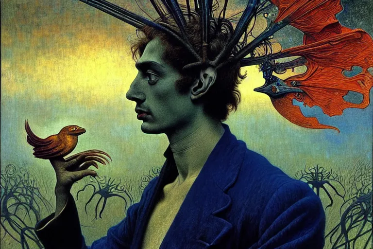 Prompt: realistic detailed portrait painting of a man with head of a bird, nightly graveyard landscape background by Max Ernst, Jean Delville, Amano, Yves Tanguy, Alphonse Mucha, Ernst Haeckel, Edward Robert Hughes, Roger Dean, masterpiece, cinematic composition, dramatic pose, 4k details, rich moody colours, blue eyes