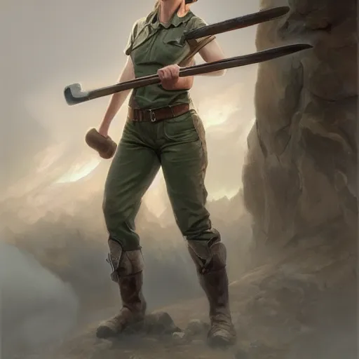 Prompt: epic portrait a slightly muscular woman wearing short sleeved uniform and carrying a sledgehammer, detailed, centered, digital painting, artstation, concept art, donato giancola, Joseph Christian Leyendecker, WLOP, Boris Vallejo, Breathtaking, 8k resolution, extremely detailed, beautiful, establishing shot, artistic, hyperrealistic, beautiful face, octane render