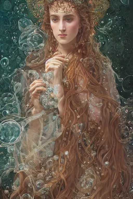 Image similar to elaborately hyperdetailed pre-raphaelite illustration of an extremely beautiful regal woman with an imponent crown, eerie mist and ethereal pink bubbles, Aetherpunk, atmospheric lighting, bright background, moonlight, high fantasy professionally painted digital art painting, smooth, sharp focus, highly detailed illustration highlights, backlight, golden ratio, 8K detail post-processing, symmetrical facial features, rich deep moody colors, award winning picture, Daily Deviation on DeviantArt, trending on cgsociety, featured on ArtstationHQ, very coherent symmetrical artwork, concept art