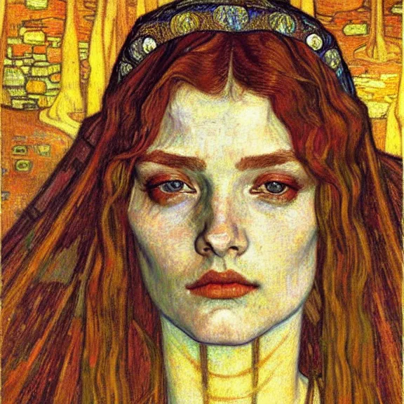 Image similar to detailed realistic beautiful young medieval queen face portrait by jean delville, gustav klimt and vincent van gogh, art nouveau, symbolist, visionary, gothic, pre - raphaelite, muted earthy colors, desaturated