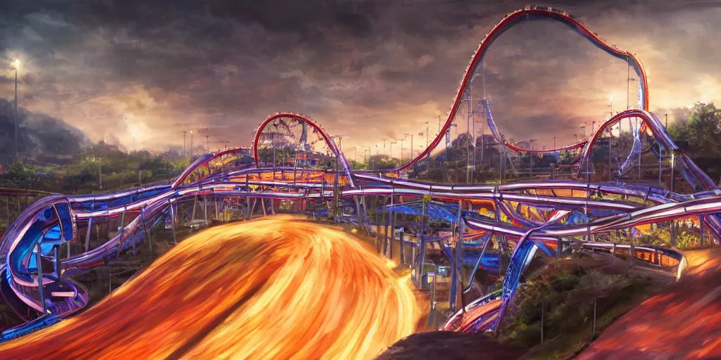 Prompt: a highway that turns into a roller coaster, cinematic lighting, detailed oil painting, hyperrealistic, 8k