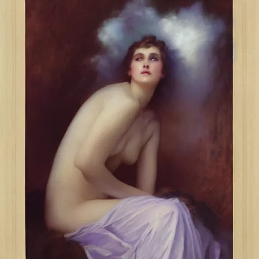 Image similar to A beautiful body art of a castle in the clouds. pale violet by Thomas Benjamin Kennington turbulent, harrowing