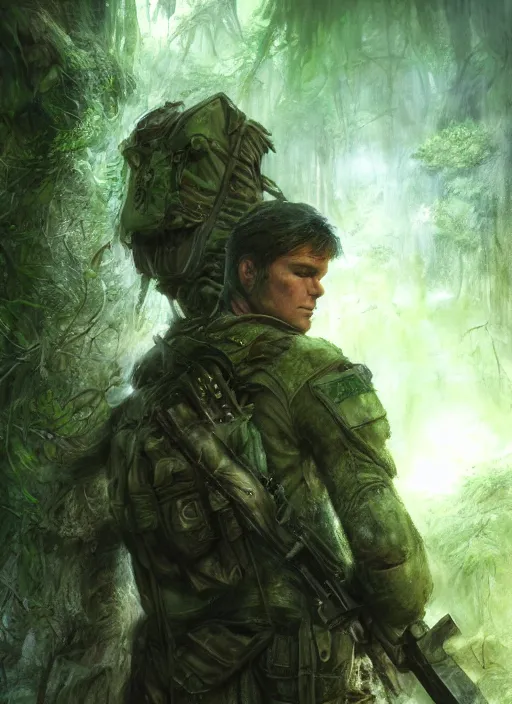 Image similar to portrait of a young richard dean anderson wearing a green combat uniform, in a post appocalyptic city overgrown by plants, by wlop, by luis royo, cover illustration, concept art, volumetric lighting, volumetric atmosphere, sharp focus, octane render, trending on artstation, 8 k