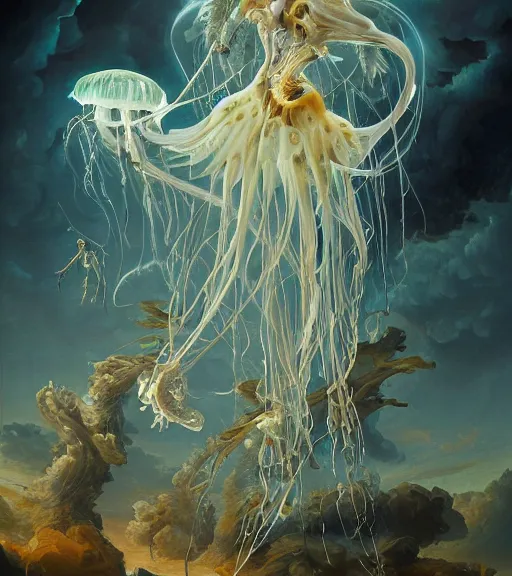 Image similar to an anatomical oil painting of a Jellyfish Harpy from a medical journal by Peter Mohrbacher and Nychos, highly detailed, high detail, 8k, storm clouds, birds, dramatic lighting